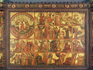 黙示録の48シーンがある祭壇画、c.1400（パネルにテンペラと金箔をキャンバスに転送）